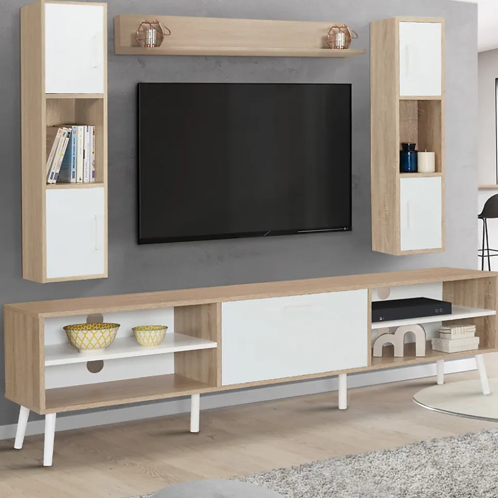 Ensemble meuble TV 180 cm et étagères HOUSTON bois et blanc