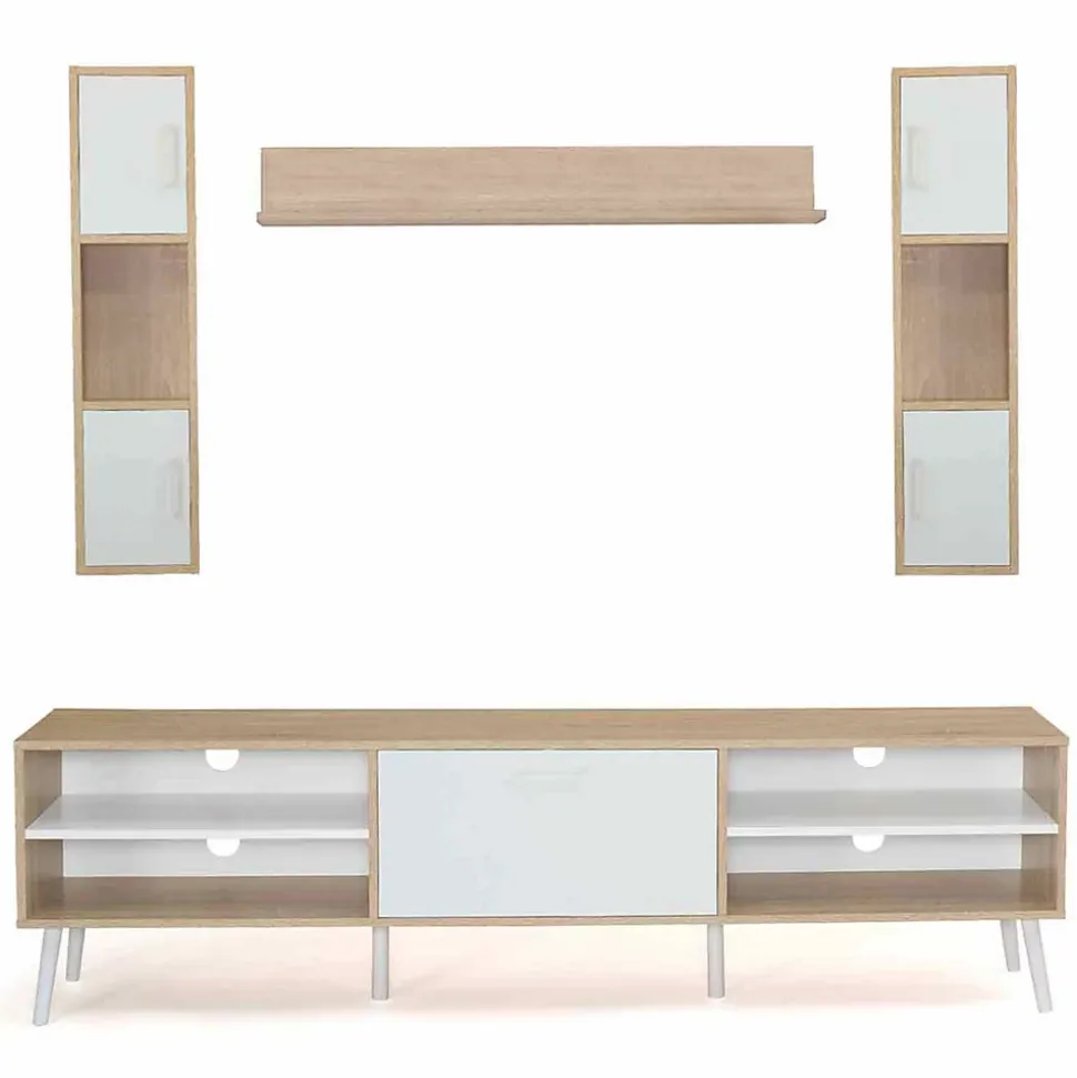 Ensemble meuble TV 180 cm et étagères HOUSTON bois et blanc