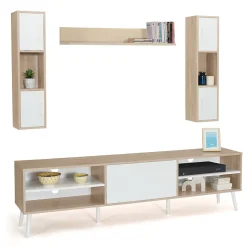 Ensemble meuble TV 180 cm et étagères HOUSTON bois et blanc