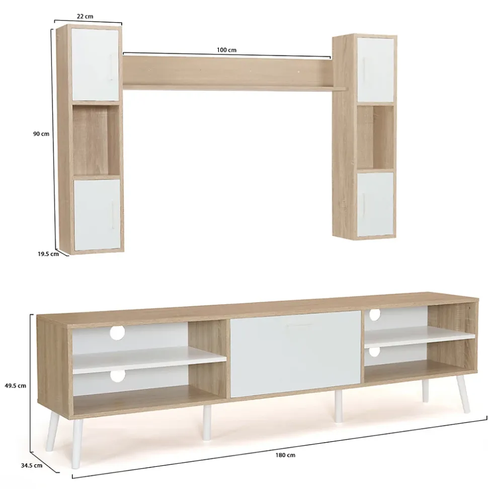 Ensemble meuble TV 180 cm et étagères HOUSTON bois et blanc