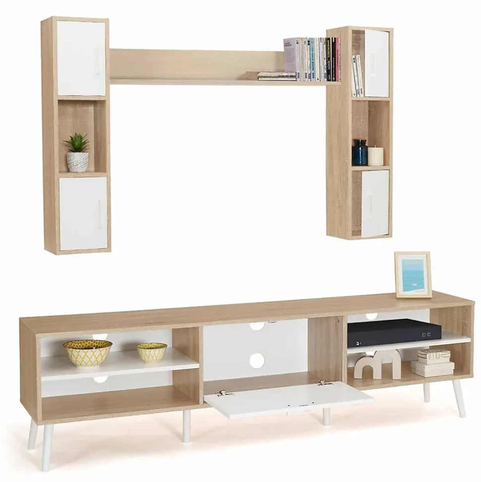 Ensemble meuble TV 180 cm et étagères HOUSTON bois et blanc