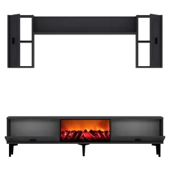 Ensemble meuble TV avec étagères murales et cheminée LED 150cm gris anthracite - VIBRA