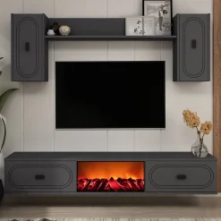 Ensemble meuble TV avec étagères murales et cheminée LED 150cm gris anthracite - VIBRA