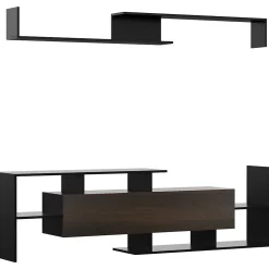 Ensemble meuble TV avec étagère murale style contemporain aspect bois noir