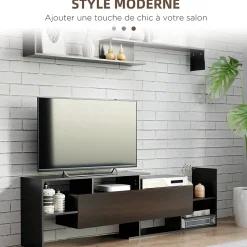 Ensemble meuble TV avec étagère murale style contemporain aspect bois noir