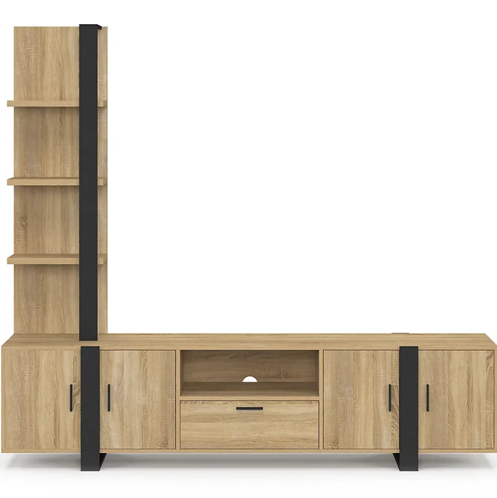 Ensemble meuble TV avec étagères et placard 200 cm PHOENIX bois et noir