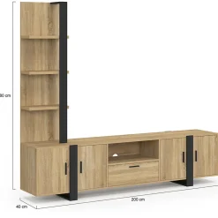 Ensemble meuble TV avec étagères et placard 200 cm PHOENIX bois et noir