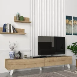 Ensemble meuble TV et 2 étagères Saarijärvi 180 x 31 x 33 cm effet chêne en.casa