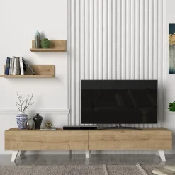 Ensemble meuble TV et 2 étagères Saarijärvi 180 x 31 x 33 cm effet chêne en.casa