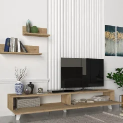 Ensemble meuble TV et 2 étagères Saarijärvi 180 x 31 x 33 cm effet chêne en.casa