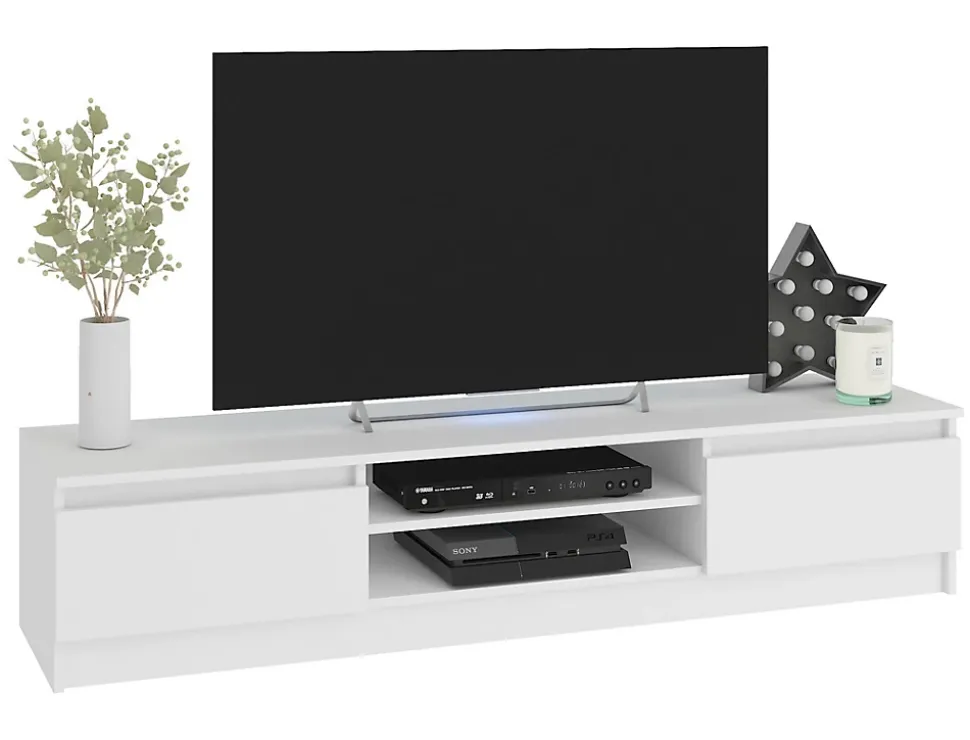 Ensemble meuble TV pour le salon AKORD presentoir + meuble TV Blanc 240 cm 4 portes façade Blanche 8 étagères 240x40x140 cm