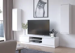 Ensemble meuble TV pour le salon AKORD presentoir + meuble TV Blanc 240 cm 4 portes façade Blanche 8 étagères 240x40x140 cm