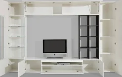 Ensemble mural Ocean, meuble TV pour salon, meuble de salon polyvalent avec lumière LED, 290x40h192 cm, blanc brillant et ardoise