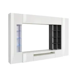 Ensemble mural Ocean, meuble TV pour salon, meuble de salon polyvalent avec lumière LED, 290x40h192 cm, blanc brillant et ardoise