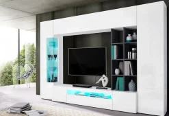 Ensemble mural Ocean, meuble TV pour salon, meuble de salon polyvalent avec lumière LED, 290x40h192 cm, blanc brillant et ardoise