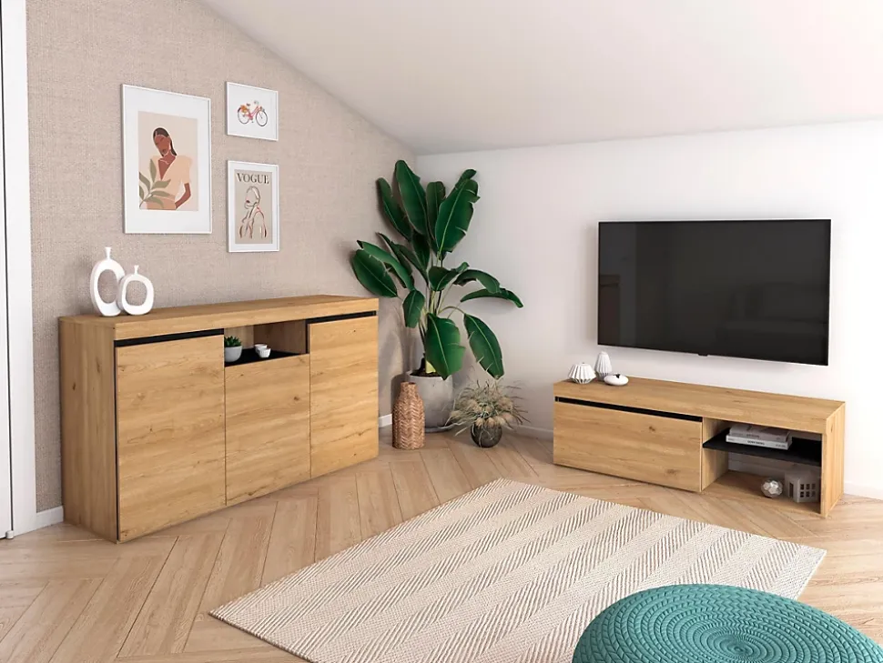 Ensemble Naturale buffet meuble TV 120cm couleur chêne et noir