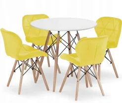 Ensemble repas Valora Table ronde blanche KOVA 80 cm + 4 chaises jaunes WAKO