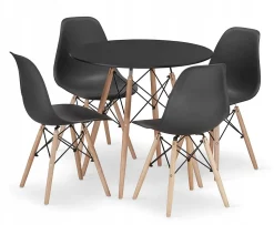 Ensemble repas Valora Table ronde noire KOVA 80 cm + 4 chaises noires OSAKA