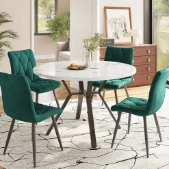 Ensemble repas 100x75 cm avec 4 chaises, plateau effet marbre MDF, structure métal noir et assises velours vert
