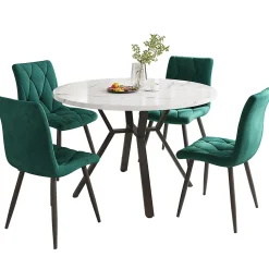 Ensemble repas 100x75 cm avec 4 chaises, plateau effet marbre MDF, structure métal noir et assises velours vert
