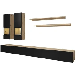 Ensemble salon complet RAMOS Chene et noir 7 meubles avec LED multicolore intégrée
