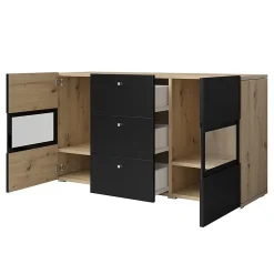 Ensemble salon complet RAMOS Chene et noir 7 meubles avec LED multicolore intégrée