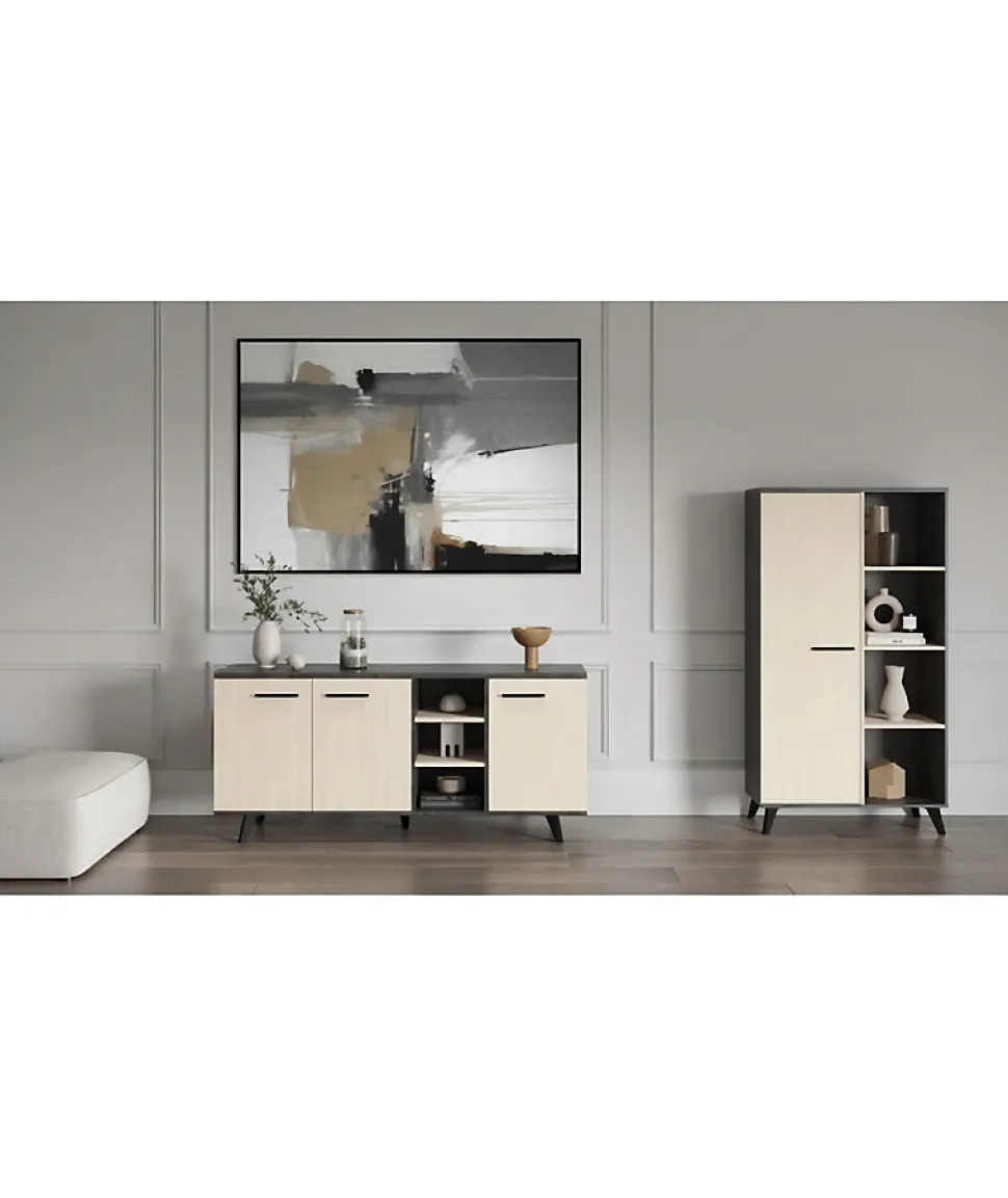 Ensemble séjour - Enfilade, Buffet haut, Table - KENT - Chene de fil / Sidewalk - DEMEYERE