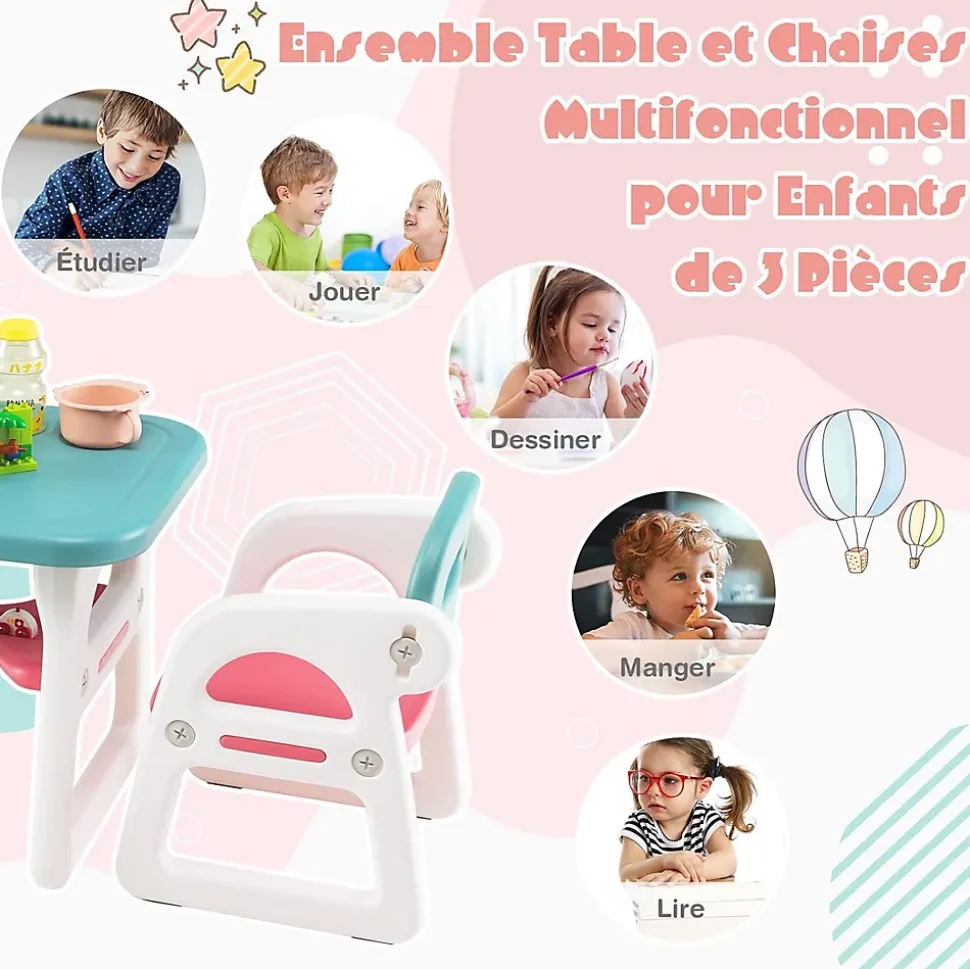 Ensemble Table 2 Chaises Ergonomiques pour Enfant en HDPE avec étagère de Rangement Sûr Rose