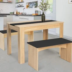 Ensemble table à manger et 2 bancs ROZY 4 personnes façon hêtre et noir 110 cm