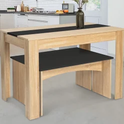 Ensemble table à manger et 2 bancs ROZY 4 personnes façon hêtre et noir 110 cm