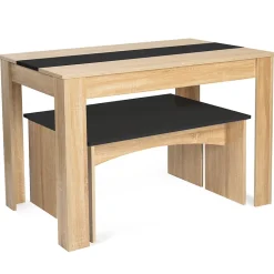 Ensemble table à manger et 2 bancs ROZY 4 personnes façon hêtre et noir 110 cm