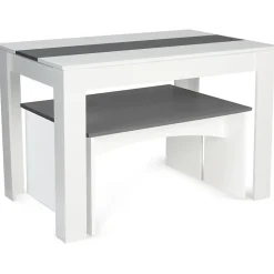 Ensemble table à manger et 2 bancs ROZY 4 personnes blanc et gris 110 cm