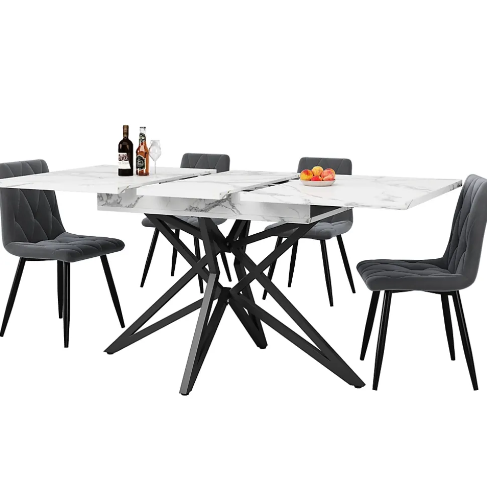 Ensemble Table à Manger Extensible - Table avec Rallonge et 4 Chaises Velours - Moderne 120/160x80x66,1 cm - Gris+Blanc