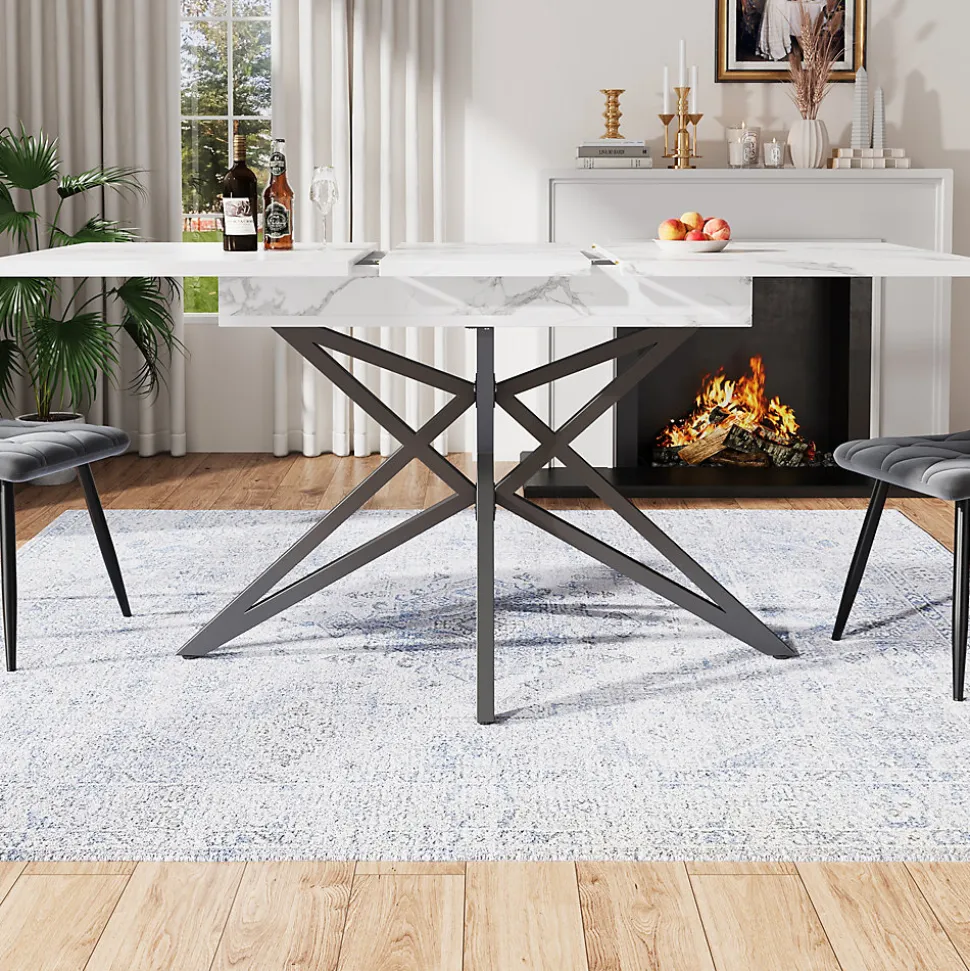 Ensemble Table à Manger Extensible - Table avec Rallonge et 4 Chaises Velours - Moderne 120/160x80x66,1 cm - Gris+Blanc