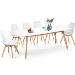 Ensemble table à manger extensible INGA 160-200 cm et 6 chaises SARA blanches design scandinave