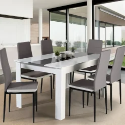 Ensemble table à manger GEORGIA 140 cm blanche et grise et 6 chaises ROMANE grises liseré blanc