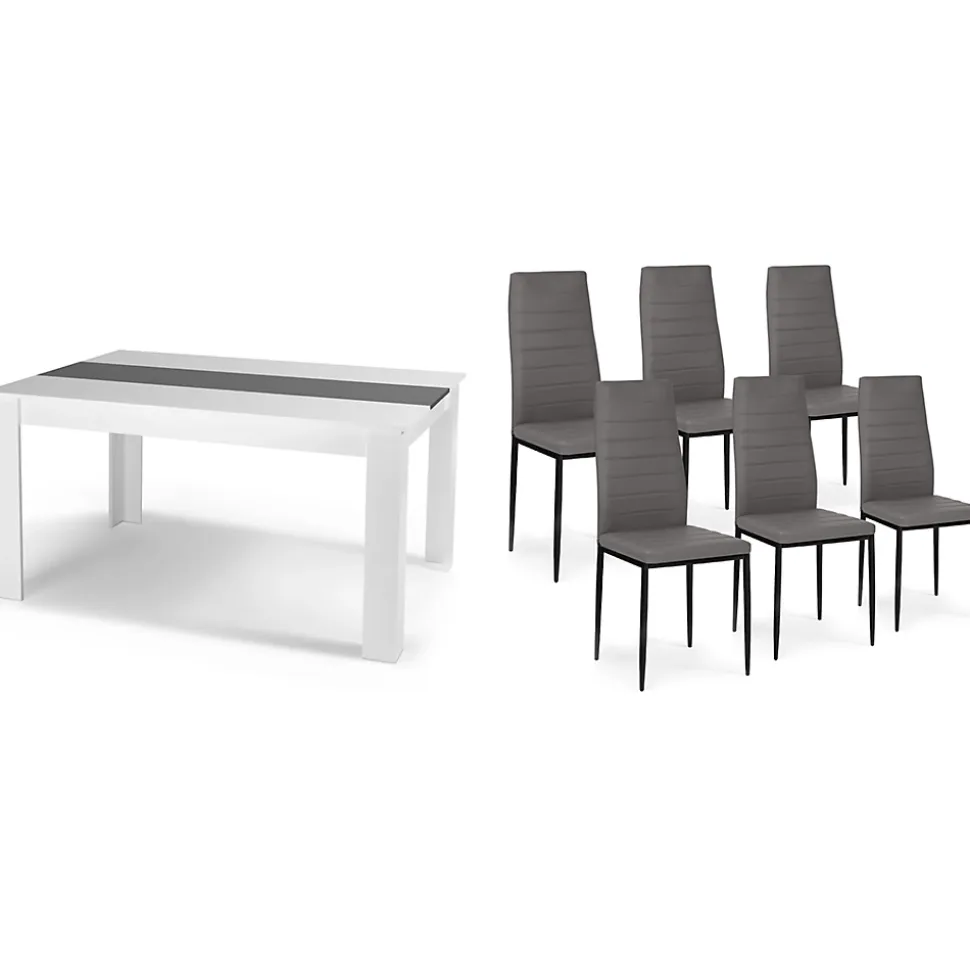 Ensemble table à manger GEORGIA 140 cm blanche et grise et 6 chaises ROMANE grises