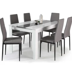 Ensemble table à manger GEORGIA 140 cm blanche et grise et 6 chaises ROMANE grises
