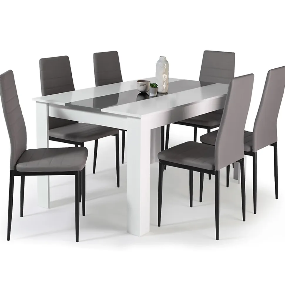 Ensemble table à manger GEORGIA 140 cm blanche et grise et 6 chaises ROMANE grises