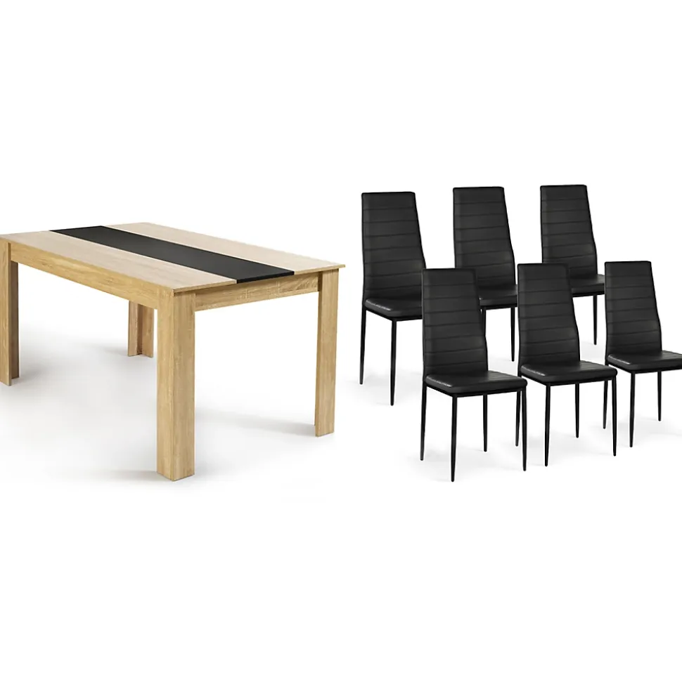 Ensemble table à manger GEORGIA 140 cm imitation hêtre et noire et 6 chaises ROMANE noires