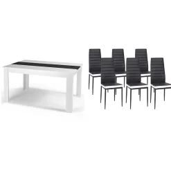 Ensemble table à manger GEORGIA 140 cm blanche et noire et 6 chaises ROMANE noires liseré blanc