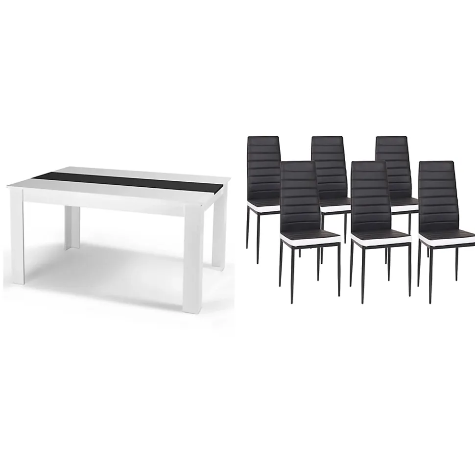 Ensemble table à manger GEORGIA 140 cm blanche et noire et 6 chaises ROMANE noires liseré blanc