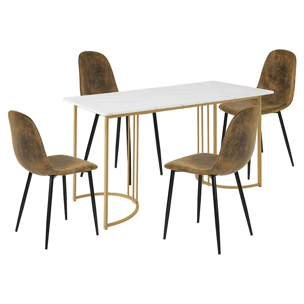 Ensemble table à manger marbre blanc doré avec 4 chaises brun