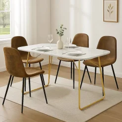 Ensemble table à manger marbre blanc doré avec 4 chaises brun