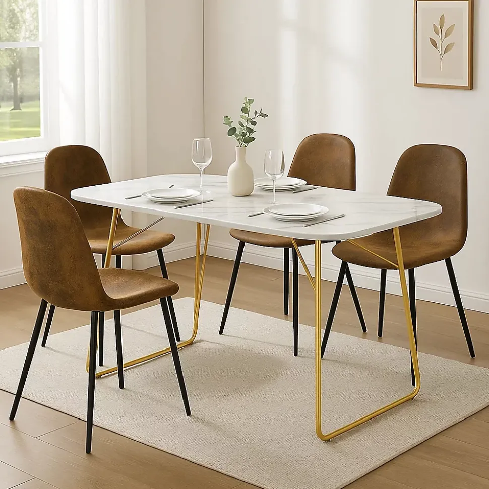 Ensemble table à manger marbre blanc doré avec 4 chaises brun
