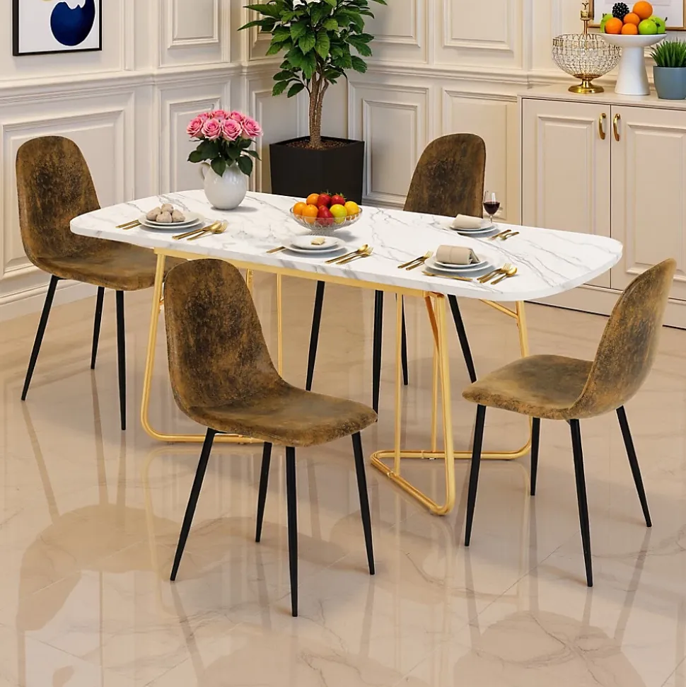 Ensemble table à manger marbre blanc doré avec 4 chaises brun