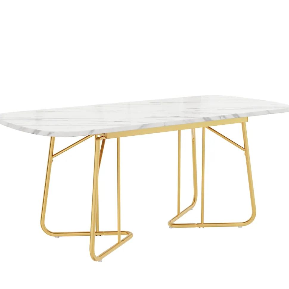 Ensemble table à manger marbre blanc doré avec 4 chaises brun
