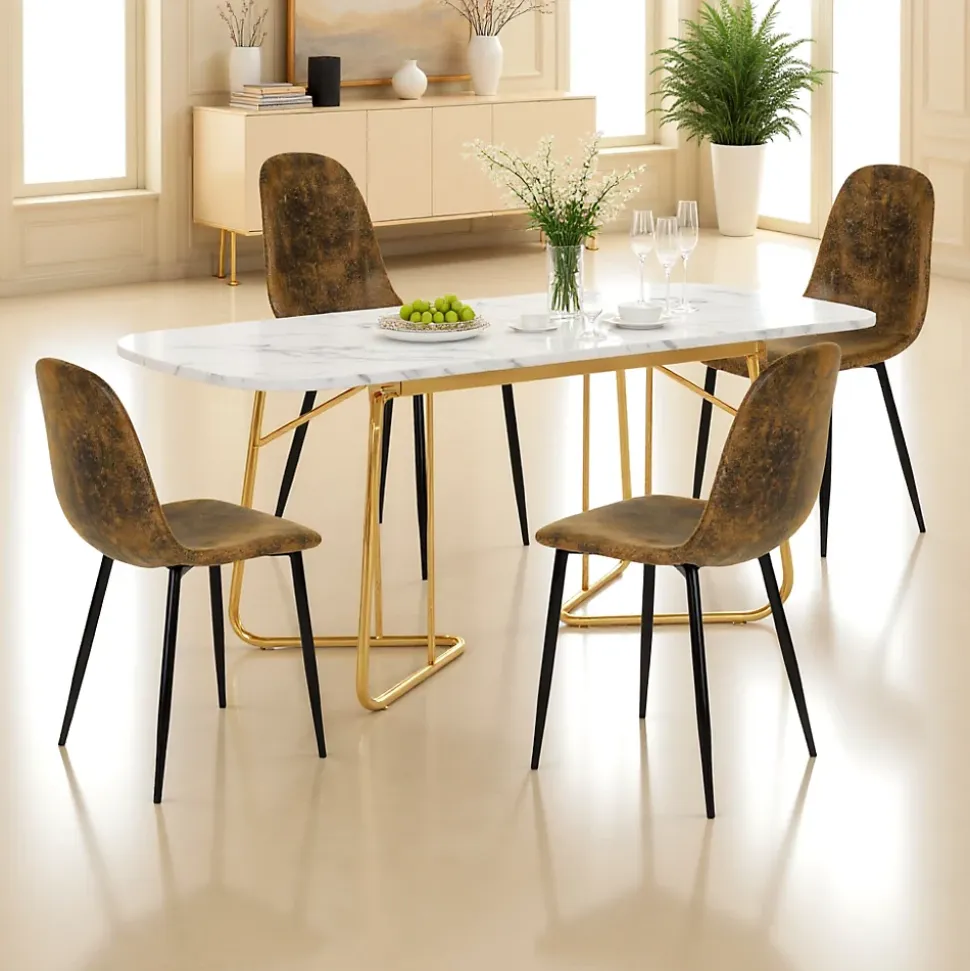 Ensemble table à manger marbre blanc doré avec 4 chaises brun