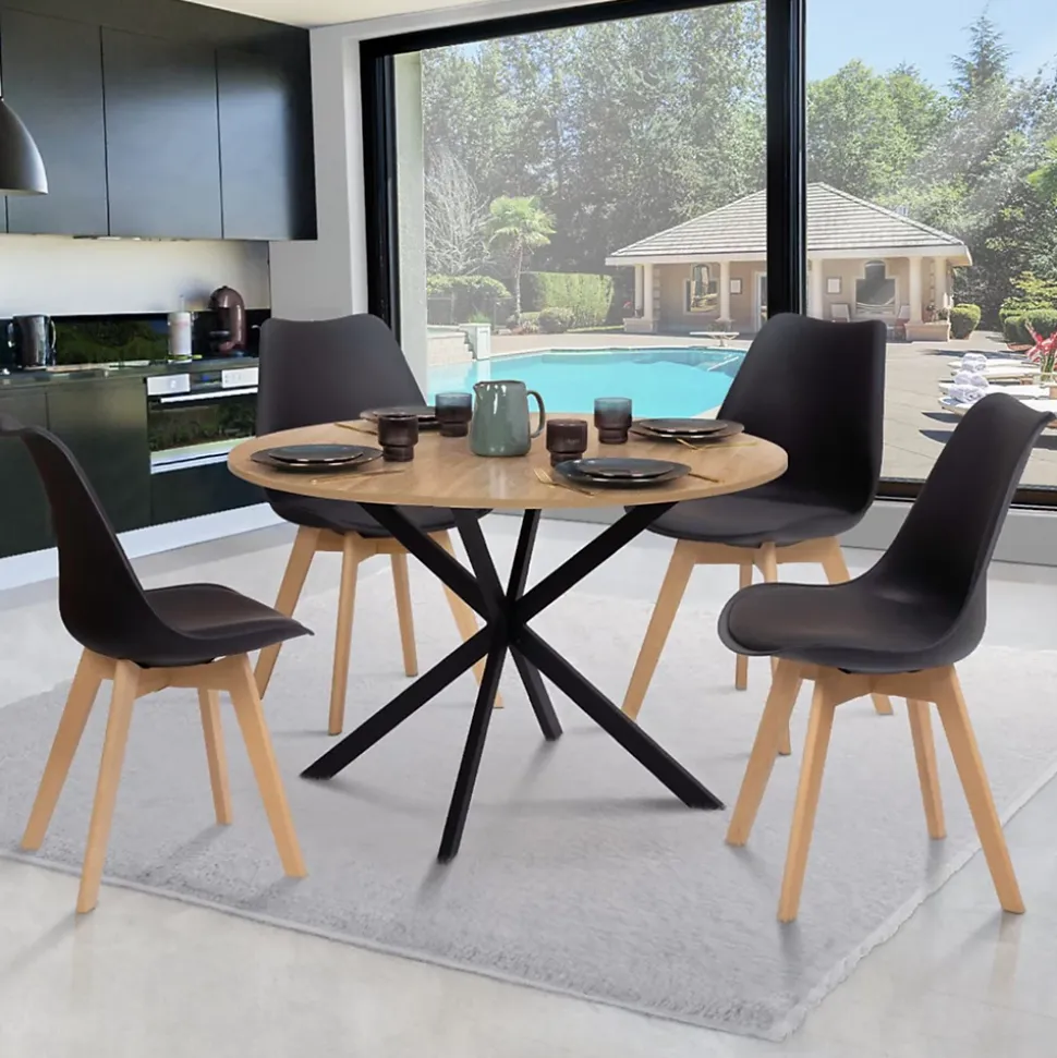 Ensemble table à manger ronde ALIX 110 cm bois et noir et 4 chaises SARA noires