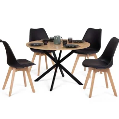 Ensemble table à manger ronde ALIX 110 cm bois et noir et 4 chaises SARA noires